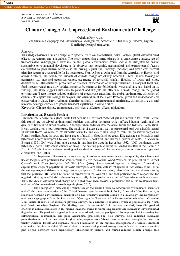 (PDF) Climate change: an unprecedented environmental challenge