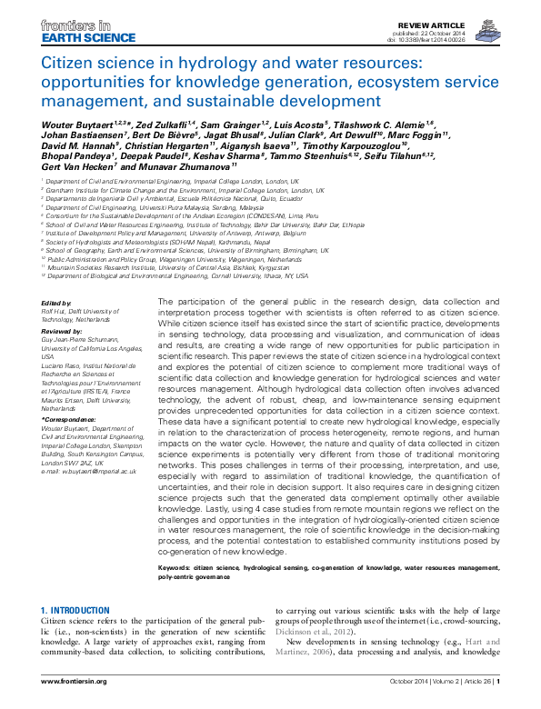 (PDF) Citizen science in hydrology and water resources: opportunities ...