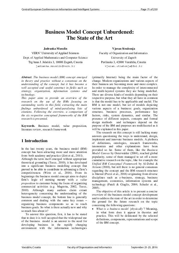 (PDF) Business Model Concept Unburdened: The State of the Art