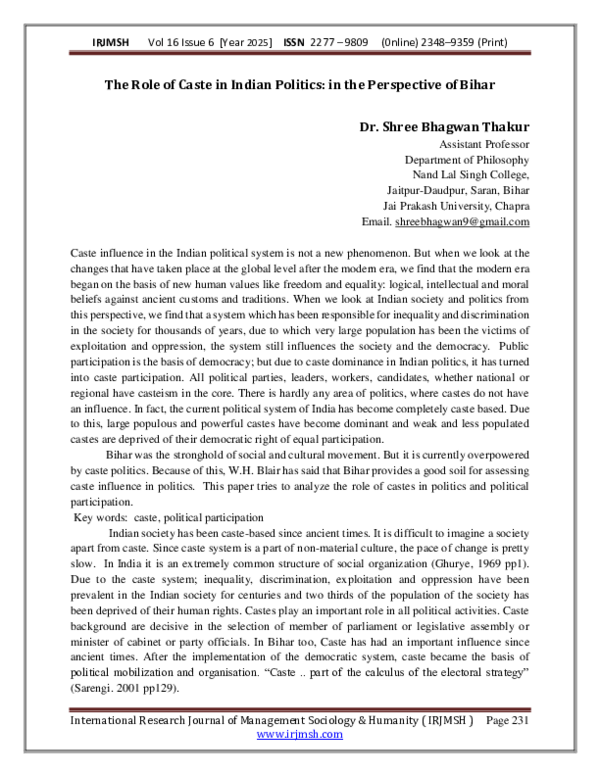 (PDF) The Role of Caste in Indian Politics: in the Perspective of Bihar