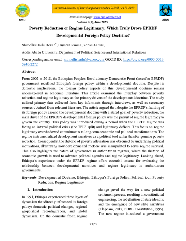 (PDF) Poverty Reduction or Regime Legitimacy: Which Truly Drove EPRDF ...