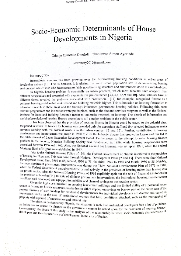 (PDF) Socioeconomic Determinants of House Development in Nigeria