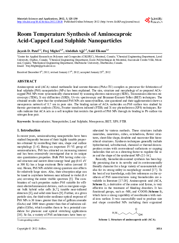 (PDF) Room Temperature Synthesis of Aminocaproic Acid-Capped Lead ...