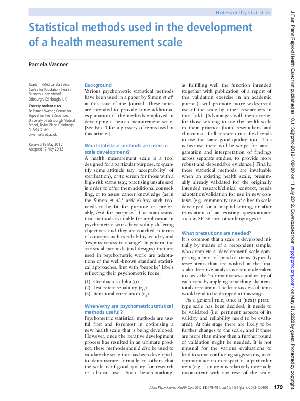 (PDF) Statistical methods used in the development of a health ...