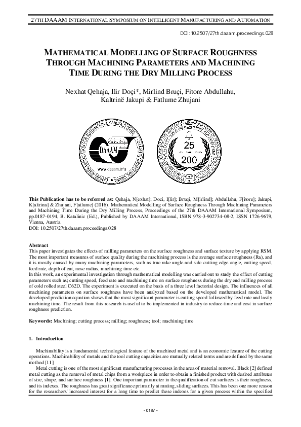 (PDF) Mathematical Modelling of Surface Roughness Through Machining ...