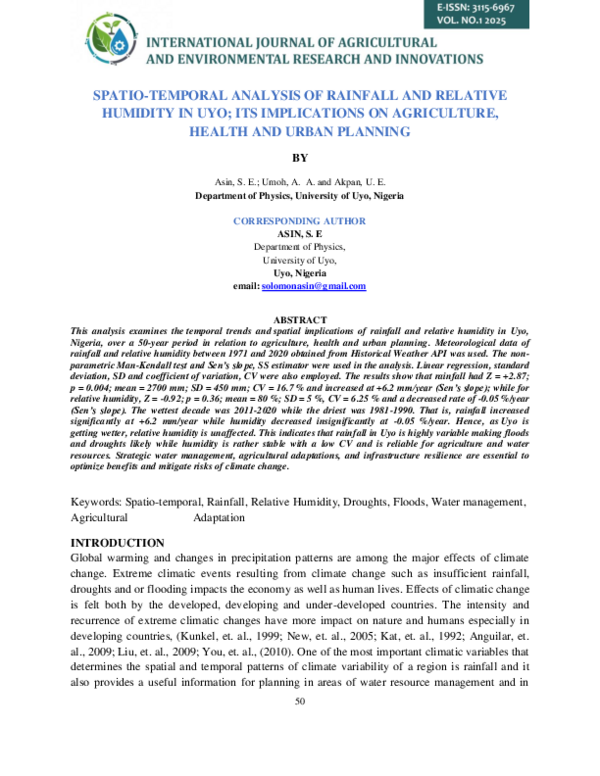 (PDF) SPATIO-TEMPORAL ANALYSIS OF RAINFALL AND RELATIVE HUMIDITY IN UYO ...