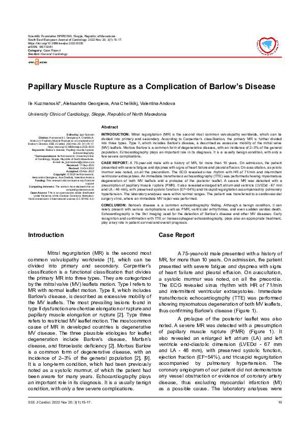 (PDF) Papillary Muscle Rupture as a Complication of Barlow’s Disease