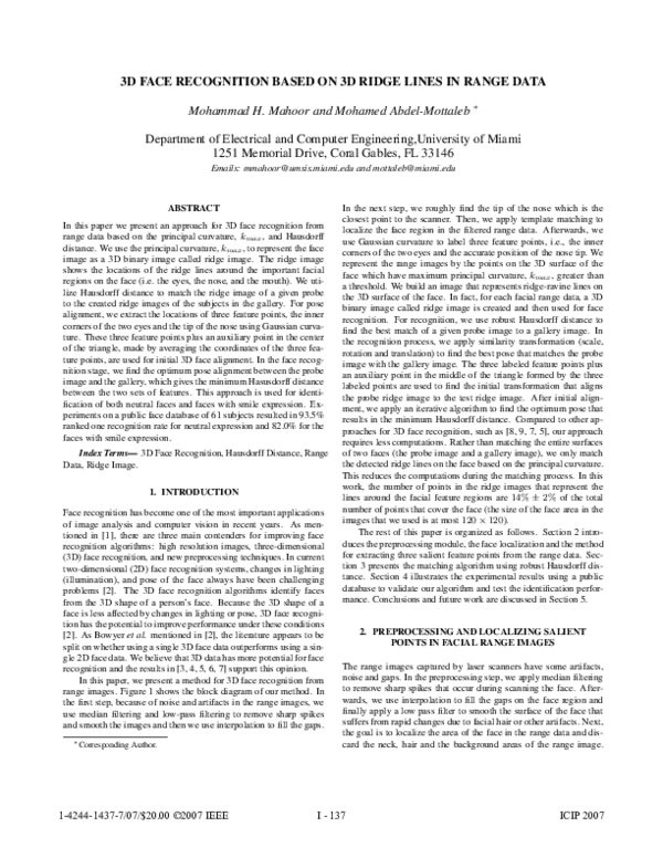 (PDF) 3D Face Recognition Based on 3D Ridge Lines in Range Data