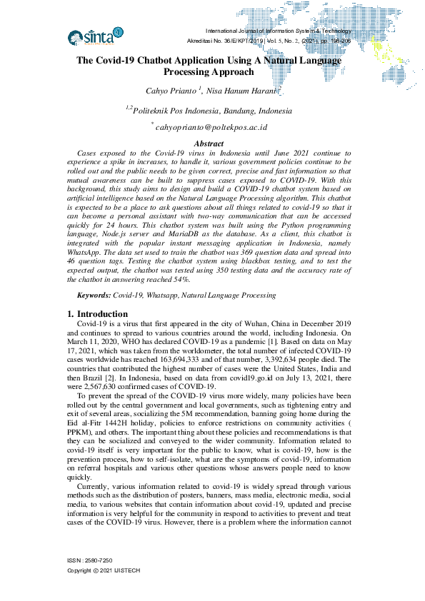 (PDF) The Covid-19 Chatbot Application Using A Natural Language ...