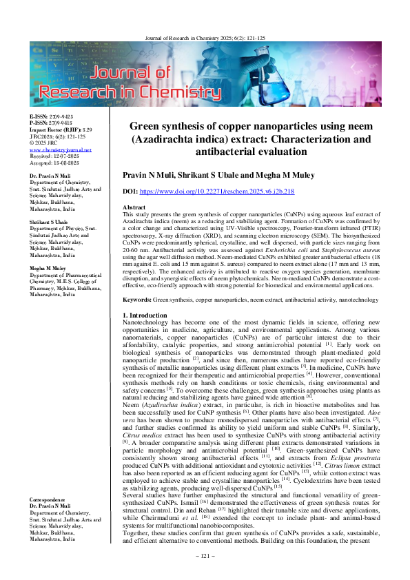 (PDF) Green synthesis of copper nanoparticles using neem (Azadirachta ...