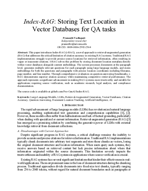 (PDF) Index-RAG: Storing Text Location in Vector Databases for QA tasks