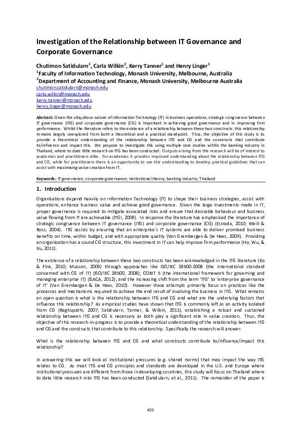 (PDF) Investigation of the relationship between IT governance and ...