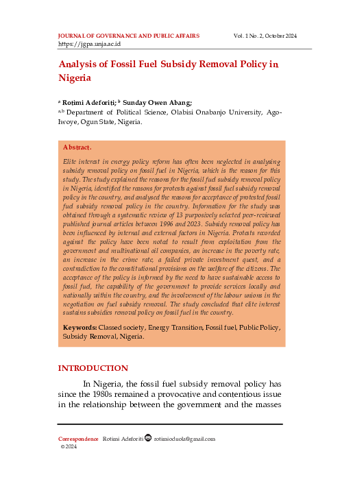(PDF) Analysis of Fossil Fuel Subsidy Removal Policy in Nigeria