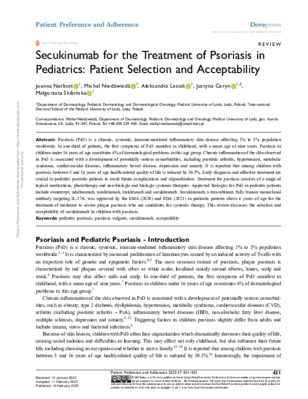 (PDF) Secukinumab for the Treatment of Psoriasis in Pediatrics: Patient ...