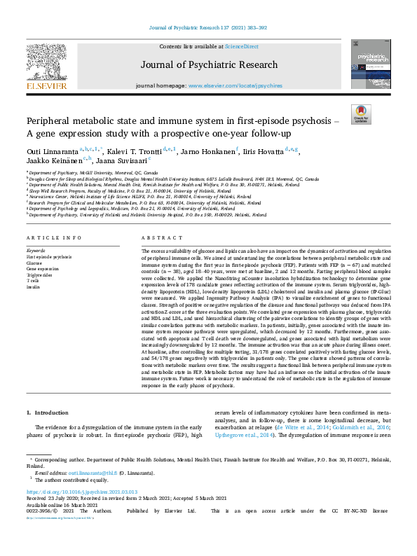 (PDF) Peripheral metabolic state and immune system in first-episode ...