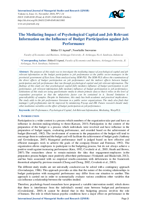 (PDF) The Mediating Impact of Psychological Capital and Job Relevant ...
