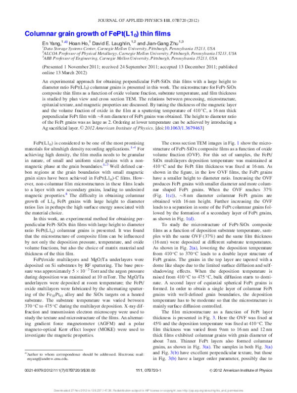 (PDF) Columnar grain growth of FePt(L1) thin films