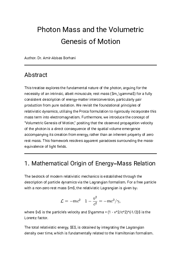 (PDF) Photon Mass and the Volumetric Genesis of Motion