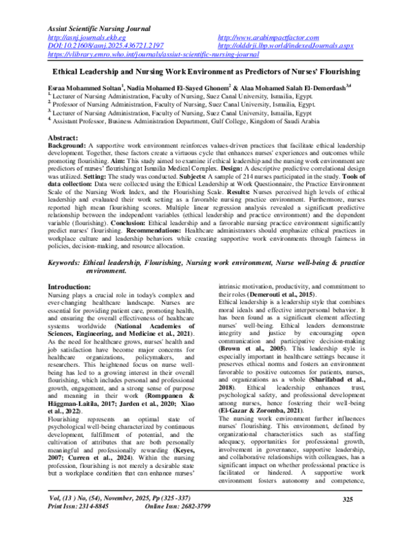 (PDF) Ethical Leadership and Nursing Work Environment as Predictors of ...