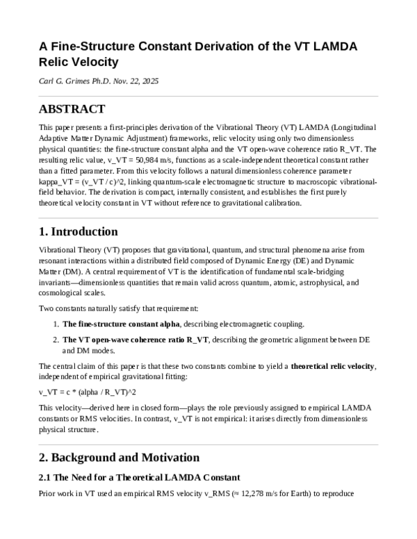 (PDF) A Fine-Structure Constant Derivation of the VT LAMDA Relic Velocity
