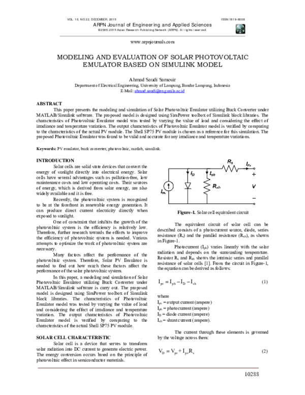 (PDF) Modeling and Evaluation of Solar Photovoltaic Emulator Based on ...