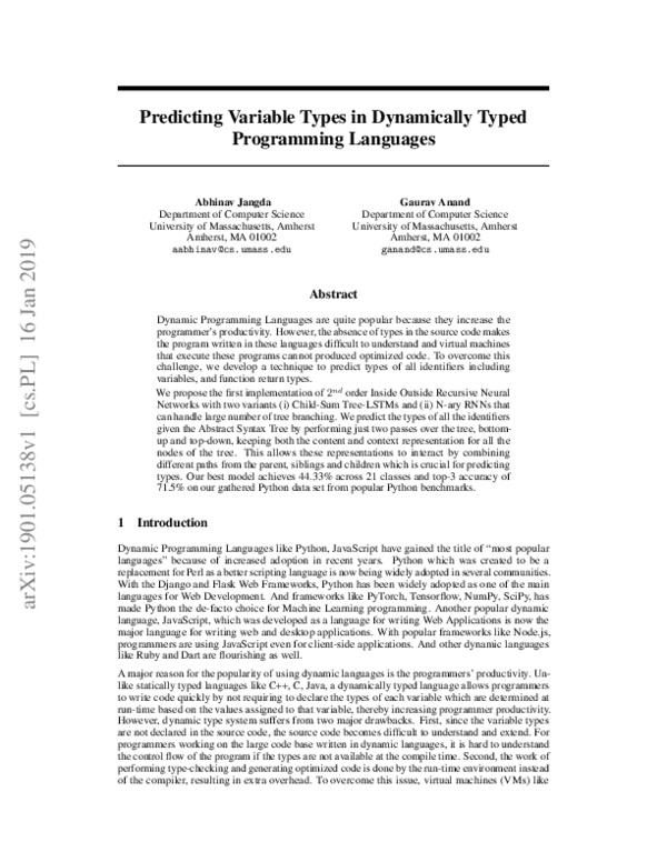 (PDF) Predicting Variable Types in Dynamically Typed Programming Languages