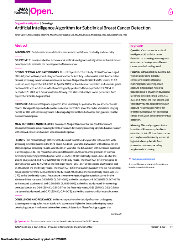 (PDF) Artificial Intelligence Algorithm for Subclinical Breast Cancer ...