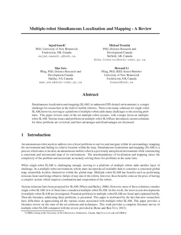 (PDF) Multiple-Robot Simultaneous Localization and Mapping: A Review
