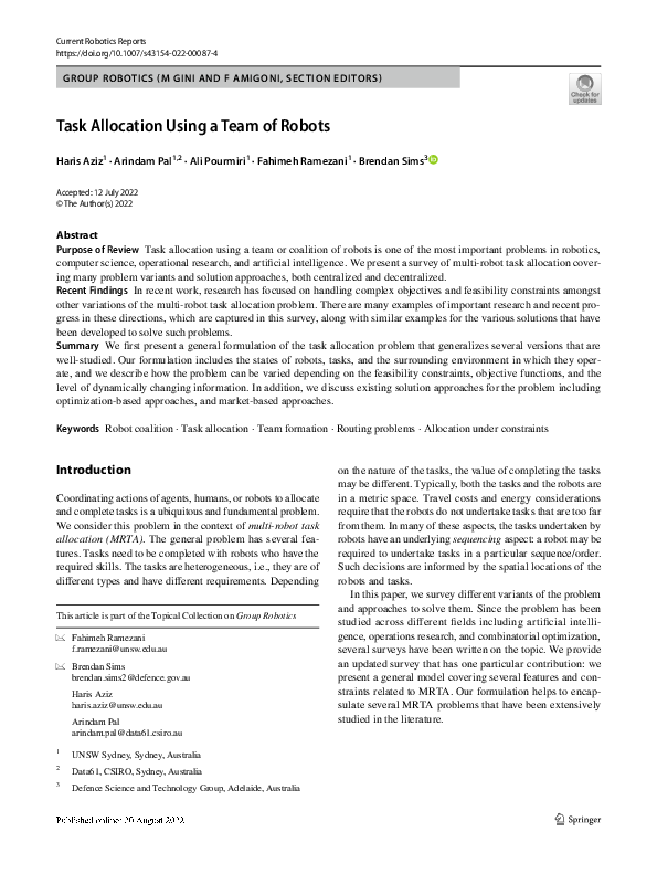 (PDF) Task Allocation Using a Team of Robots