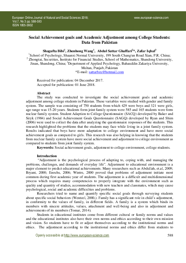 (PDF) Social Achievement goals and Academic Adjustment among College ...