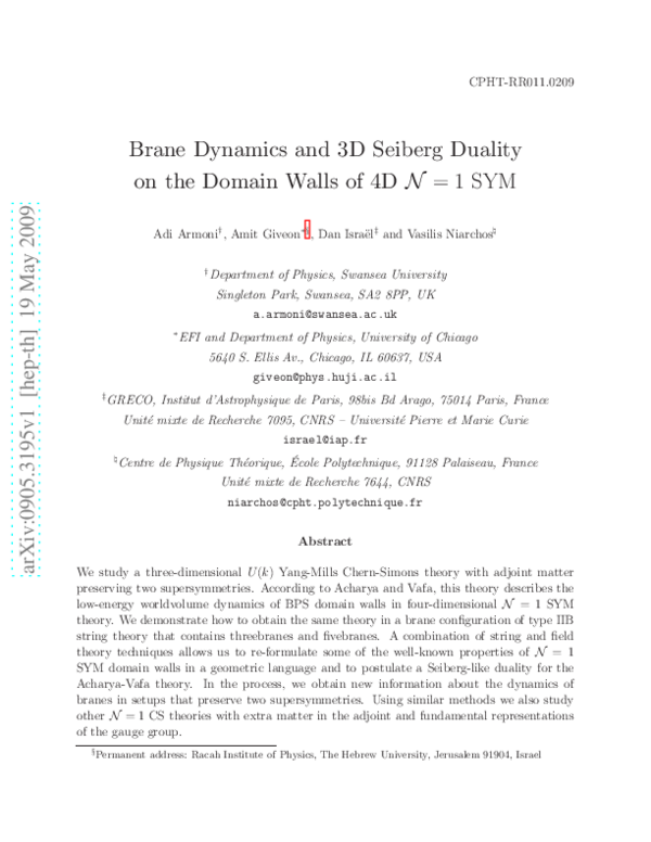 (PDF) Brane dynamics and 3D Seiberg duality on the domain walls of 4D 𝒩 ...