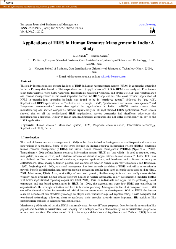(PDF) Applications of HRIS in Human Resource Management in India: A Study