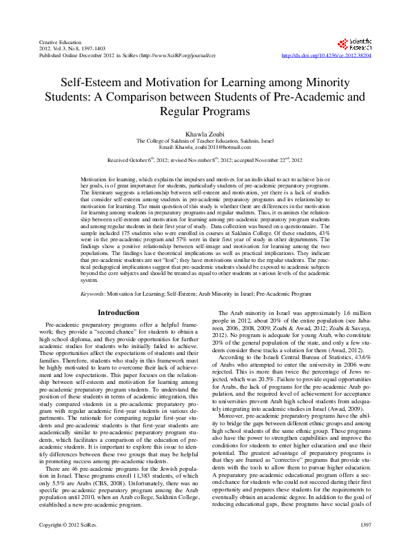 (PDF) Self-Esteem and Motivation for Learning among Minority Students ...