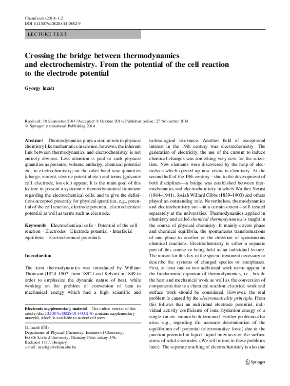 (PDF) Crossing the bridge between thermodynamics and electrochemistry ...
