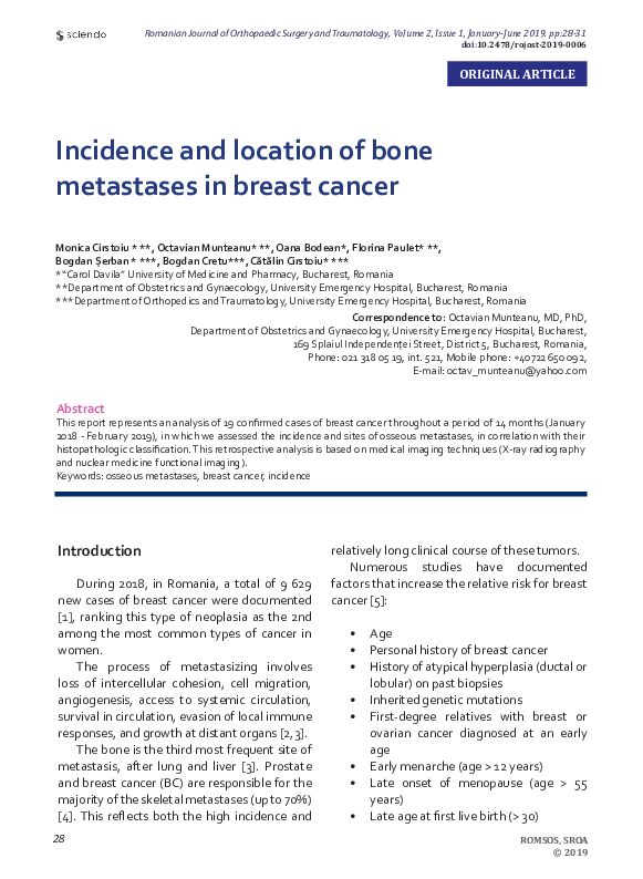(PDF) Incidence and location of bone metastases in breast cancer