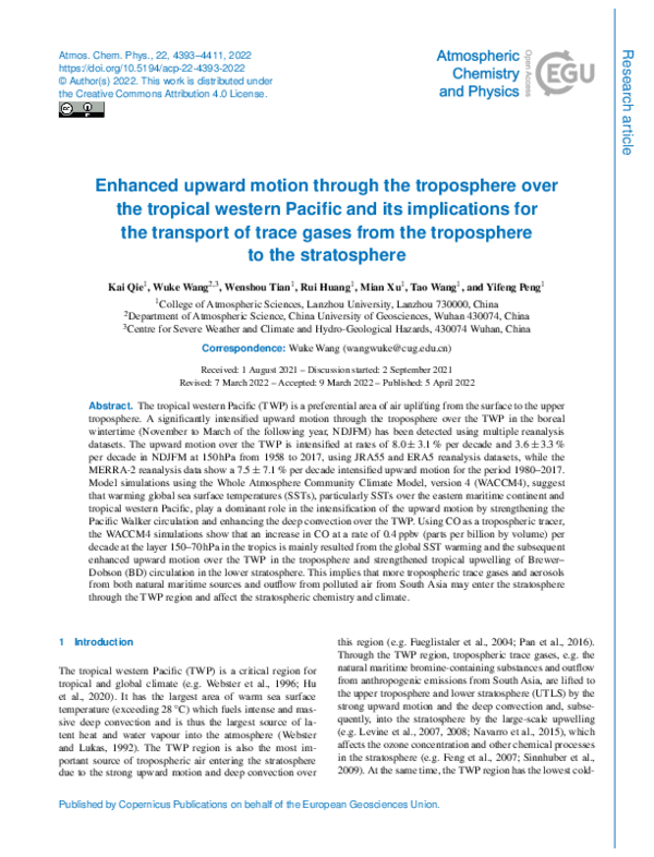 (PDF) Enhanced upward motion through the troposphere over the tropical ...