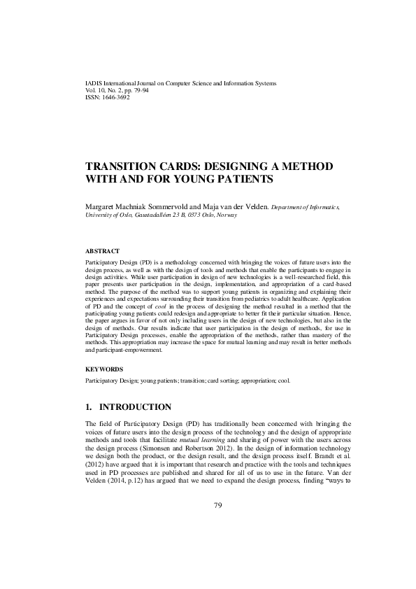 (PDF) Transition Cards : Designing a Method with and for Young Patients