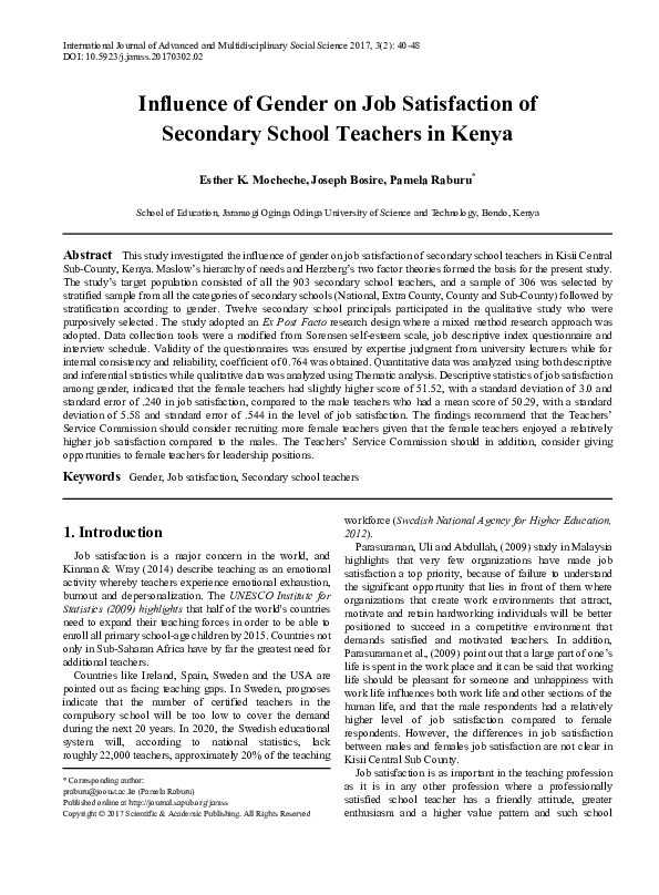 (PDF) Influence of Gender on Job Satisfaction of Secondary School ...