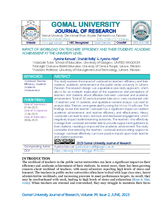 (PDF) Impact of Workload on Teachers' Efficiency and Their Students ...