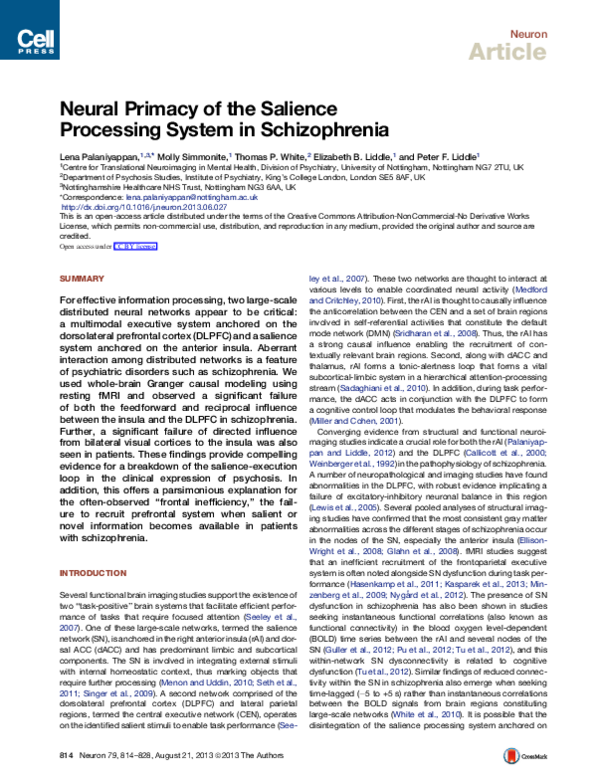 (PDF) Neural primacy of the salience processing system in schizophrenia