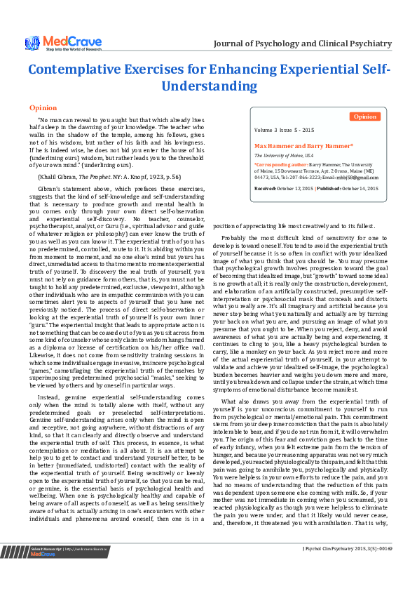 (PDF) Contemplative Exercises for Enhancing Experiential Self-Understanding