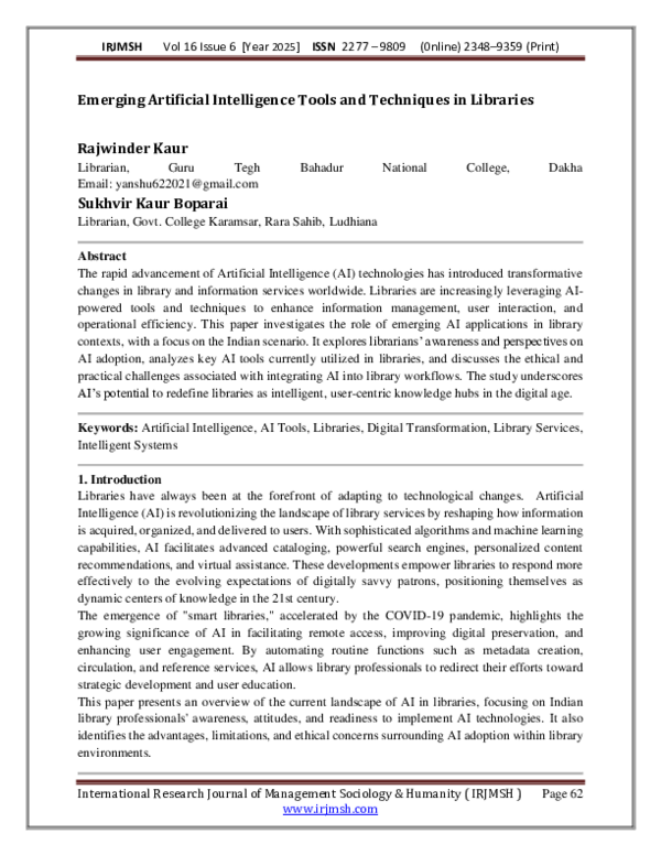 (PDF) Emerging Artificial Intelligence Tools and Techniques in Libraries