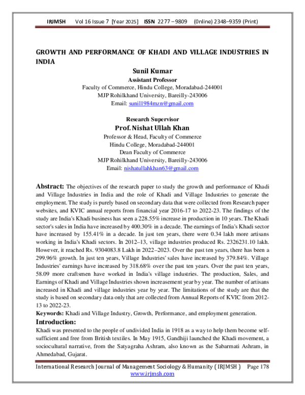 (PDF) GROWTH AND PERFORMANCE OF KHADI AND VILLAGE INDUSTRIES IN INDIA