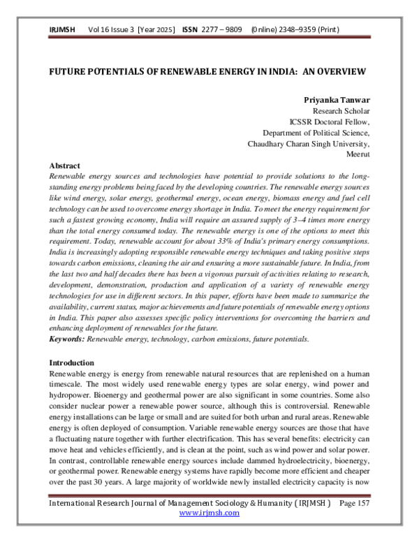 (PDF) FUTURE POTENTIALS OF RENEWABLE ENERGY IN INDIA: AN OVERVIEW