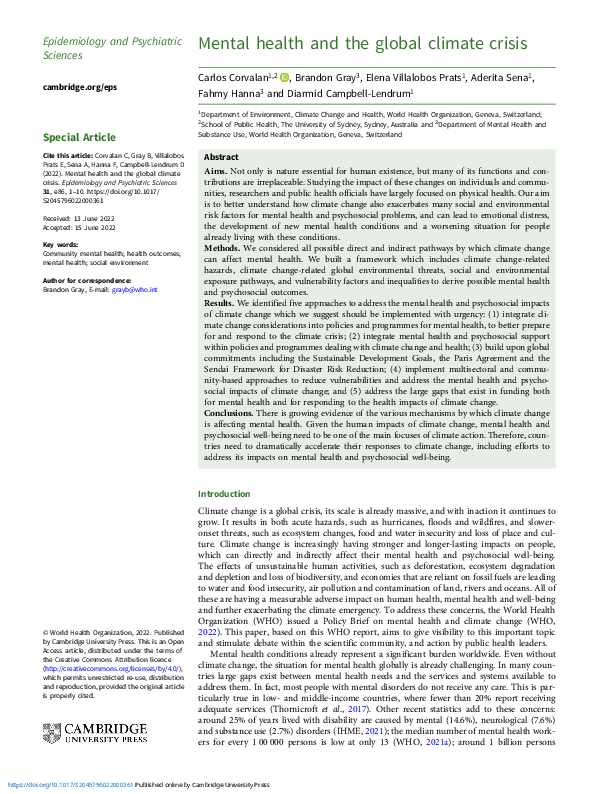 (PDF) Mental health and the global climate crisis