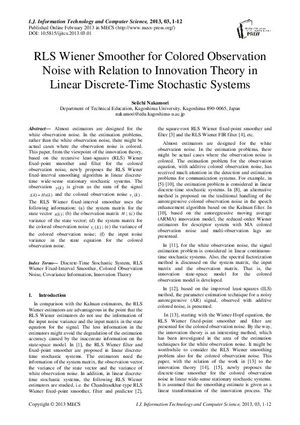 (PDF) RLS Wiener Smoother for Colored Observation Noise with Relation ...