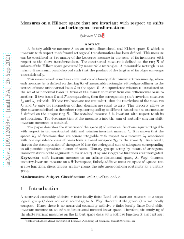 (PDF) Measures on a Hilbert space that are invariant with respect to ...