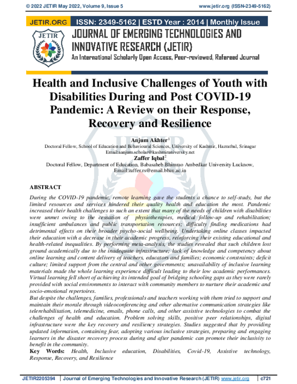 (PDF) Health and Inclusive Challenges of Youth with Disabilities During ...