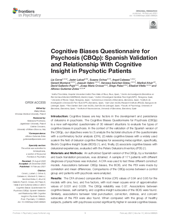 (PDF) Cognitive Biases Questionnaire for Psychosis (CBQp): Spanish ...