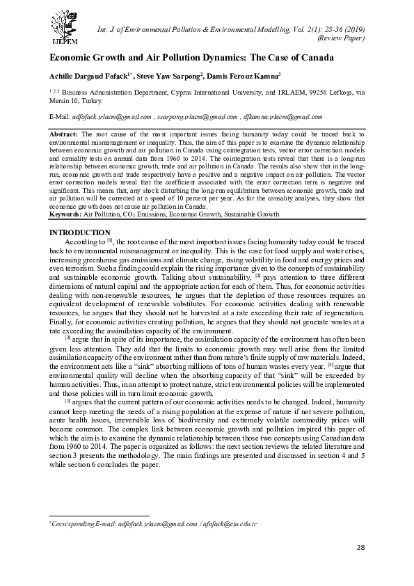 (PDF) Economic Growth and Air Pollution Dynamics: The Case of Canada